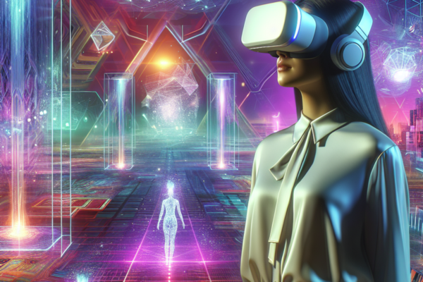 A South Asian woman wearing a virtual reality headset in a futuristic digital landscape.