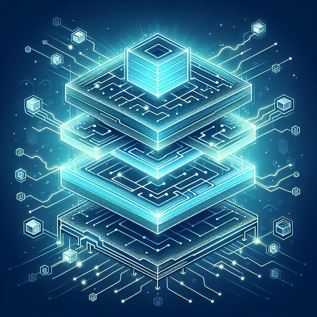 A visual representation of Layer 2 in blockchain technology, with interconnected blocks on the lower part representing layer 1, and smaller blocks hovering above with vivid energy streams connecting to layer 1.