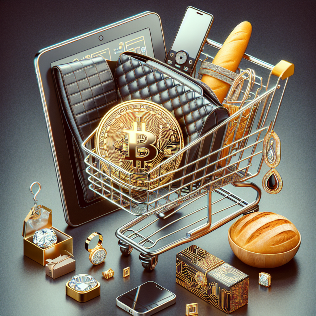 A metallic shopping cart filled with a futuristic tablet, smartphone, leather bag, diamond earrings, bread, milk, and a symbolic golden Bitcoin coin.