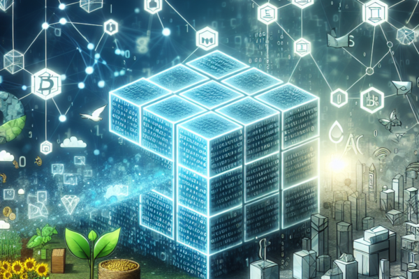 Interlinked cubes with binary code representing blockchain technology on one side, symbols of physical commodities such as a plant, gold bar, and house on the other side, with a bridge in the center.