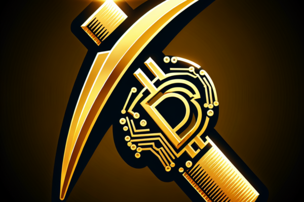 A golden pickaxe with a Bitcoin symbol on the handle.