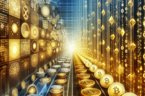 A blend of digital and physical symbols for token economics. On one side, rows of golden digital tokens fade into the distance with strings of encrypted binary code streaming away. On the other side, traditional economic symbols like supply and demand curves and a balance scale are depicted.